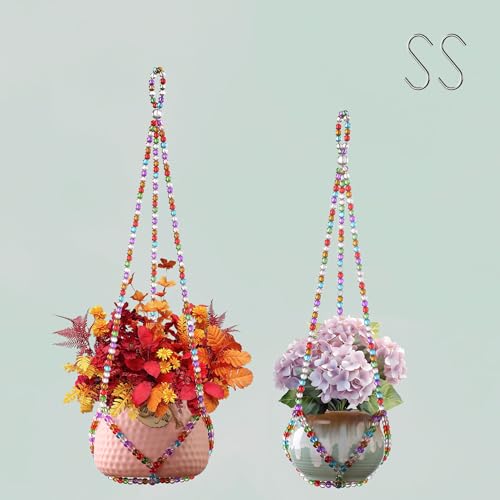 2 Pack Macrame Plant Hanger, Handmade Glass Bead Plant Hanger Colorful Decorative Bohemian Hanging Planter Holder for Indoor and Outdoor Home Garden Decor. Does Not Include Flower Pot.(17''/21'') - size: One Large and One Small