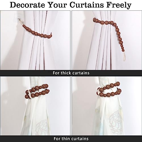 Hion 2 Pcs Boho Curtain Tiebacks,Wood Beads Curtain Holdbacks,Outdoor Farmhouse Tie Backs for Curtains,Curtain Holders for Drapes Home Office Room Decor with Hooks No Drilling(Coffee) - color: Coffee, size: 2 Pack