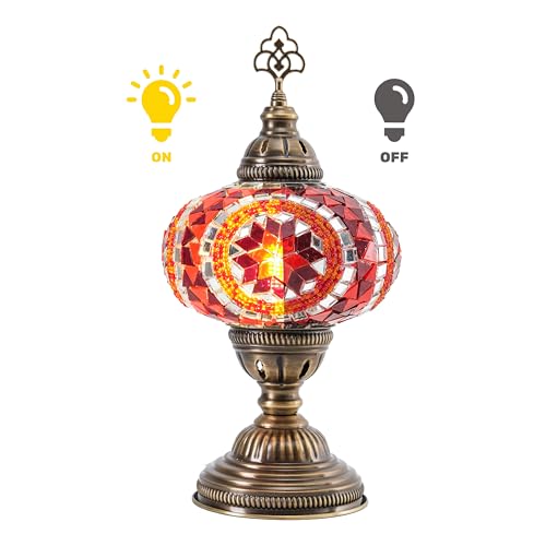 Turkish Mosaic Desk Lamp with Bulb – Orange Red Tiffany-Style Glass, Vintage Bohemian Bedside & Salon Decorative Light with E12 Socket & US Plug - color: Orange Red