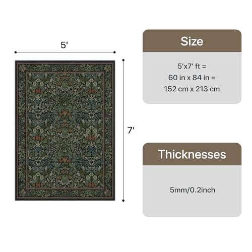 Bavni Floral Dark Green Area Rugs 5x7, Vintage Boho Carpet Machine Washable, Non Slip Soft Low Pile Thin Rug for Bedroom, Living Room, Dining Room, Nursery - color: Dark Green, size: 5' x 7' (Rectangular)
