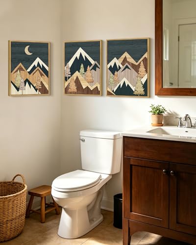 KUVIOKE Morden Mountains Framed Wall Art Boho Pine Tree Forest Nature Landscape Artwork Bohemain Farmhouse Rustic Home Decor 12x16in (Natural Framed) - color: Wooden Mountain, size: 12 x 16in x 3 Panels Natural