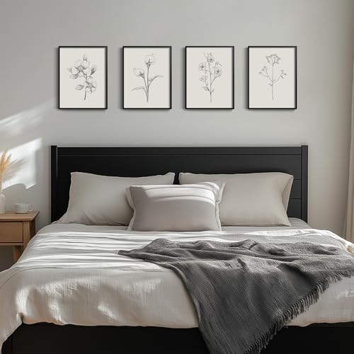 Framed Black and White Floral Wall Art, 4 Piece Vintage Gray Botanical Canvas Prints Painting Artwork, Minimalist Neutral Flower Pictures for Farmhouse Bedroom Living Room Bathroom Home Decor, 11x14 - color: Drawing - Black Framed, size: 11" W x 14" H x 4