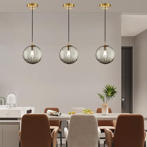 Modern Smoke Grey Glass Pendant Light, Kitchen Island Lighting 3-Pack Globe Pendant Light Fixtures Century Kitchen Island Pendant Lighting for Bedroom Living Dining Room Light Fixture (Without Bulb) - color: BW-Smoky Gray-1 Light-3PC