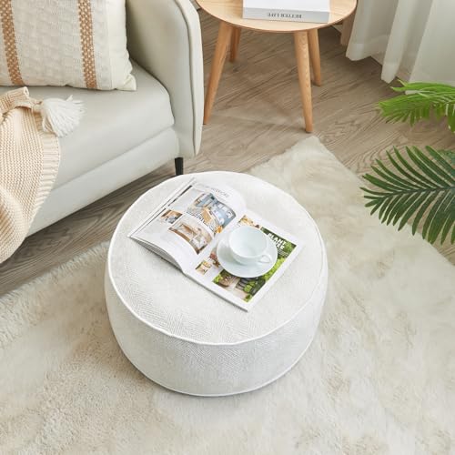 Inflatable Pouf Ottoman, 21x10 Inches Stuffed Chenille Ottoman with Inflatable PVC Liner, Foot Rest with Portable Handle, Round Floor Pillow for Living Room, Bedroom, Kids Room - color: White