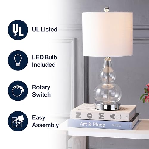 JONATHAN Y 20.5" Clear Glass Table Lamp, Modern Gourd Bedside Nightstand Lamp for Bedroom, Living Room, White Linen Shade, LED Bulb Included (JYL1028E) - color: Clear, size: Single