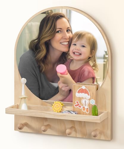 Maxpeuvon Nursery Mirror, Boho Circle Mirror Wall Mount Natural Wood Shelf Hanging Arch Modern Wall Decor for Nursery Living Room Entryway Hallway Bathroom, 14x18 Inch