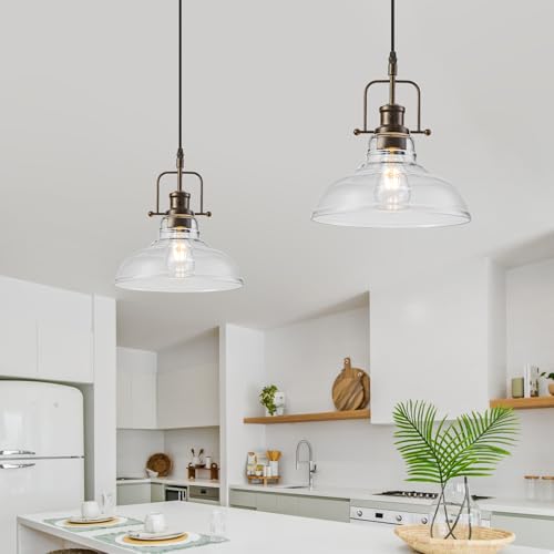 WILON Pendant Lights Kitchen Island Lighting, 11" Rust-Coloured Farmhouse Hanging Light Fixture, Kitchen Pendant Lighting Over Island Clear Glass Shade for Dining Hallway Entryway Bar - color: Rust-Colo