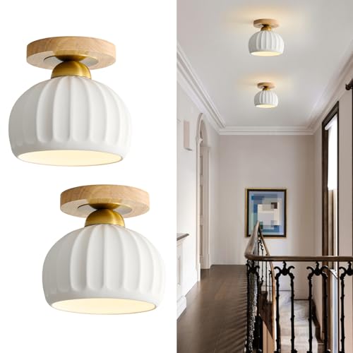 Ceramic Semi Flush Mount Ceiling Light - 2 Pack, Vintage Wood Gold Hallway Light Fixtures, White Globe Ceiling Lights,Mid Century Small Chandelier Light Fixture for Cottage Entryway Laundry Room Foyer - color: Frosted Ceramic-Wood