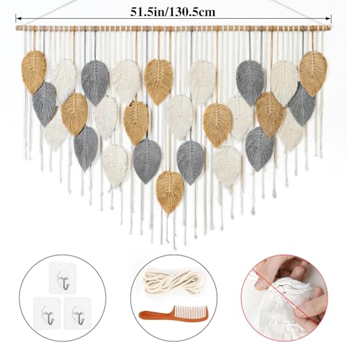 KHOYIME Large Macrame Wall Hanging Boho Woven Tapestry, Chic Modern Home Decor Bohemian Farmhouse Handmade Leaf Feather Wall Art Decorations for Living Room Bedroom Nursery Dorm Backdrop 51.5"W X 33.5"L - color: Yellow-51.5"W x 33.5"L