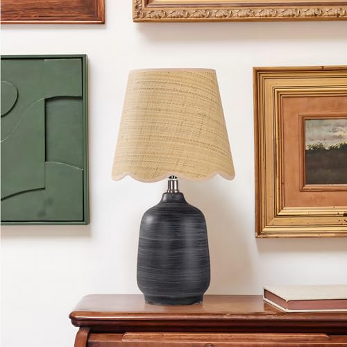 Pia Ricco 19" Modern Ceramic Table Lamp for Living Room Cream Base Desk Lamps for Bedroom Farmhouse Bedside Nightstand Lamp End Table Lamps,White Striped Black Base,Rattan Shade - color: White Striped Black Base