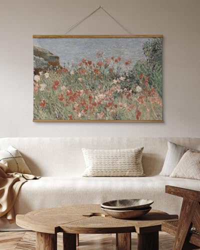 ARPEOTCY Extra Large Vintage Framed Wall Art, 36x54 Inch Retro Seaside Wildflower Hanging Framed Canvas Print Artwork, Rustic Landscape Living Room Decor, Farmhouse Above Bed Wall Decor - color: Beachside Poppies