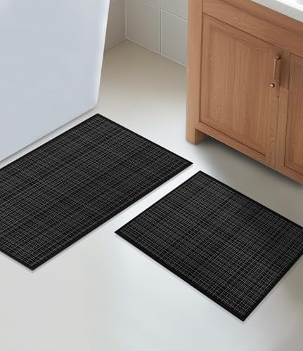 YIHOUSE Bathroom Rugs Sets 2 Pieces, Ultra Thin Bath Mats Fit Under Door, Absorbent Quickly Dry Rubber Backing Braided Bath Mat Set, Non Slip Washable Bath Rugs for Bathroom Floor - color: Black Multi, size: 2pieces