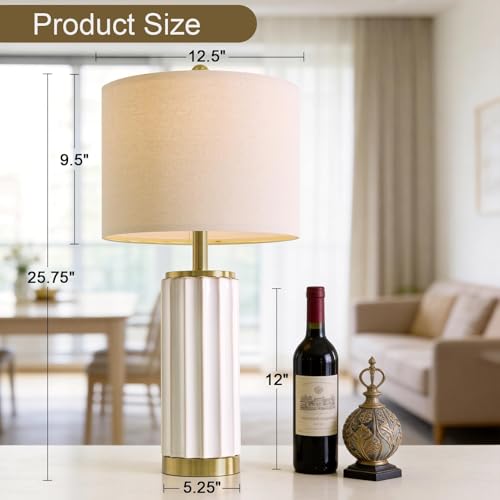 USumkky 25.75" Off-White Ceramic Table Lamp Set of 2, Mid Century Modern Bedside Nightstand Lamps for Bedroom Living Room, Linen Shade & Gold Metal Base, Rotary Switch E26 (Bulbs Excluded) - color: 25.75" Fluted Column-2 Pack