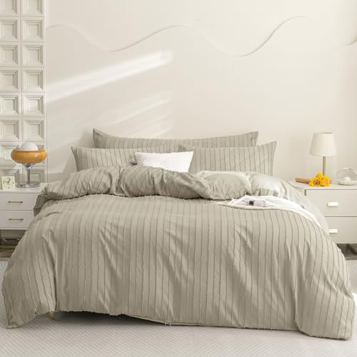 JELLYMONI Duvet Cover Full Size Khaki - 3PCS Boho Striped Duvet Cover Set Polyester Tufted Bohemian Textured Comforter Cover 80×90in with Corner Ties & Zipper and 2 Pillowcases - color: Khaki-striped, size: Full(80"×90")