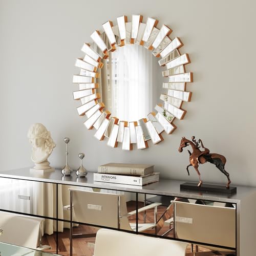 Round Decorative Mirror - 26" Sunburst Sun Mirrors for Wall Decor with Gold 3D Beveled Glass Frame, Modern Wall Art Accent for Living Room, Bedroom, Fireplace, Entryway, Dining Room - color: Sunburst-gold