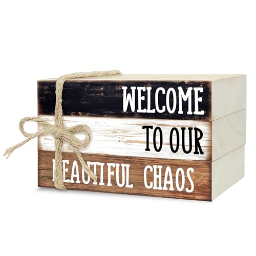 Ycyfckdr Decorative Wood Book Stack for Home, Welcome to Our Beautiful Chaos, Rustic Table and Living Room Bookshelf Farmhouse Decor (L67) - color: Welcome 3