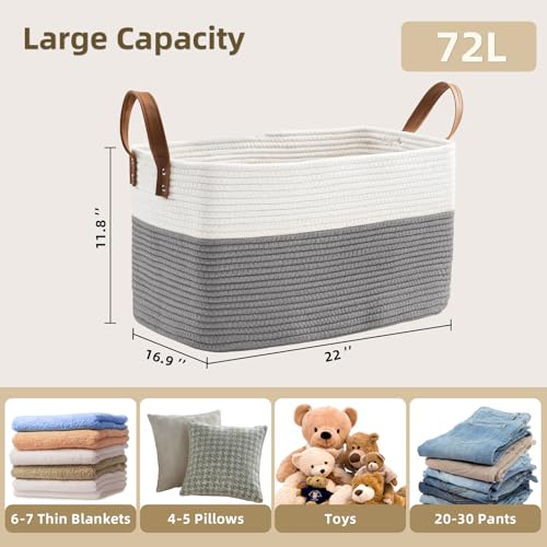 BOLDMONKEY 72L Laundry Basket with Leather Handles,Woven Cotton Rope Blanket Basket,Toy Bin for Baby Room,Laundry Hampers for Bedroom, Living Room,Bathroom,22"x17"x11.8" Gray - color: Gray, size: 72L