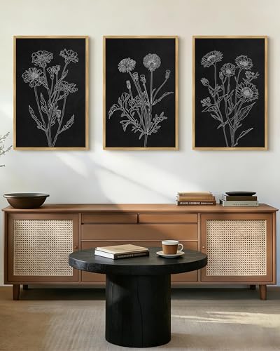 Drsoum Black White Flower Wall Art Vintage Minimalist Floral Wall Hanging Decor Bohemain Botanical Prints Artwork for Bedroom Living Room Hallway 24x36in Natural Framed - color: White Flower, size: 24x36in, Natural Framed