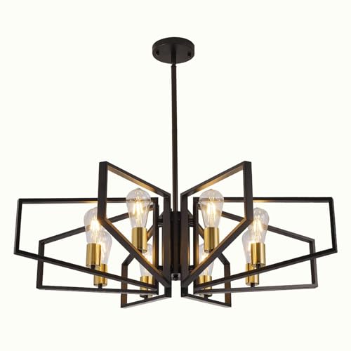 Black and Gold Chandelier, 8-Light Farmhouse Dining Room Light Fixture, Geometric Pendant Lights Kitchen Island, Modern Industrial Chandelier for Living Room, Bedroom, Foyer, Stairway, Entryway - color: 01-Black and Gold-8 Lights