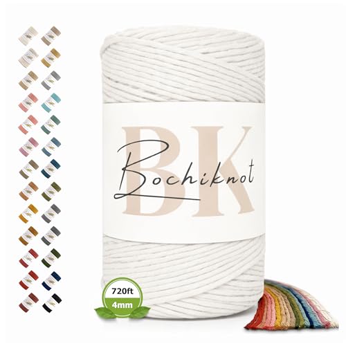 BOCHIKNOT Single Strand Macrame Cord 4mm x 240yds (220m) – Soft Cotton Macrame Rope for Beginners, Easy to Knot for Wall Hangings, Plant Hangers, Fringe and DIY Crafts (Milk) - color: Milk, size: (4mm x 219m) - Single Strand Twist