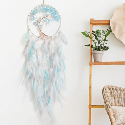 White and Cyan Dream Catcher with Tree of Life | Handmade, Wall Decor, Wall Hanging Ornament, Bedroom Living Room Home Decor