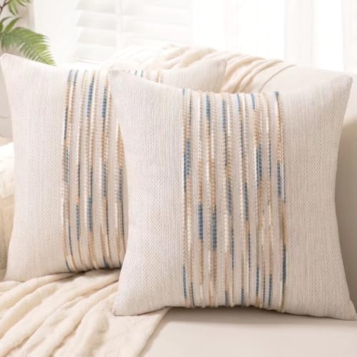 Boho Throw Pillow Covers 18x18 Set of 2 Farmhouse Decorative Cushion Case Striped Square Pillows Cover Chenille Pillow Cases Accent Neutral Pillowcase for Sofa Couch Bed,Yellow-Blue - color: Yellow-blue Stripe
