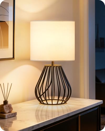 Small Table Lamp for Bedroom, Modern Bedside Lamp with White Linen Lampshade & Black Metal Base, 2700K LED Bulb Included, Decorative Nightstand Lamp for Living Room, Entryway, W06TL05 - color: White + Black