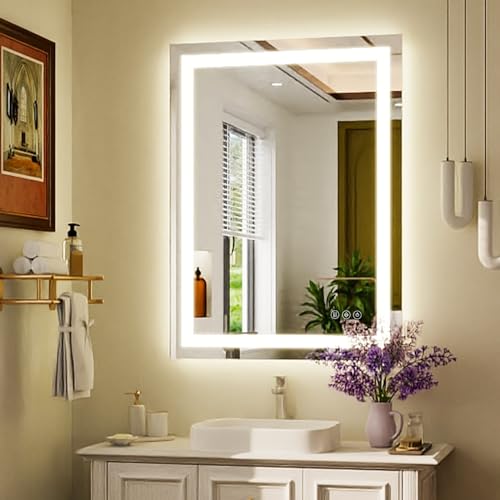 XRAMFY 32'' x 24'' LED Bathroom Mirror with Lights, Wall Mirror with Front and Backlight, 3 Colors Vanity Mirror with Lights, Anti-Fog Wall Mirror for Bathroom - size: 32"L x 24"W
