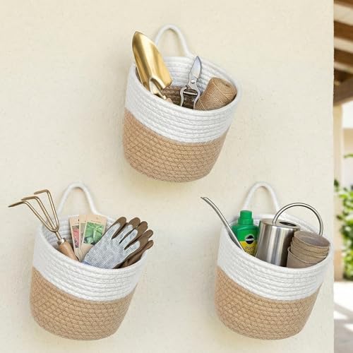Storage Basket – Stylish Cotton Rope Wall Baskets for Organizing, 3 Pack Over the Door Storage & Small Spaces – Natural Decorative Home Organizer - color: White&khaki