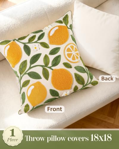 Embroidered Throw Pillow Cover - 18x18 Decorative Pillow Cover with Zipper Aesthetic Cute Design Boho Spring Summer Throw Pillowcase for Living Room Couch Sofa Bed, Branch Lemon - color: Branch-lemon, size: 18" x 18" (Pack of 1)