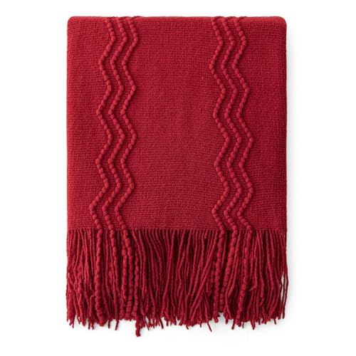 MIULEE Burgundy Red Knitted Throw Blanket for Couch Boho Textured Cozy Woven Blanket with Tassels for Sofa Chair Bed Living Room Acrylic Wave Pattern 50"x60" - color: Burgundy, size: 50" x 60"