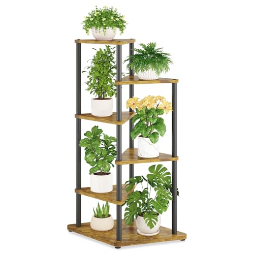 iDavosic.ly Tall Plant Stand Indoor for Large & Heavy Duty Planters, 5 Tier Corner Flower Shelf with Wooden Trays & Metal Frame, 41 Inch Orchid Rack for Living Room Balcony Porch, Black & Brown - size: 5 Tier without Light