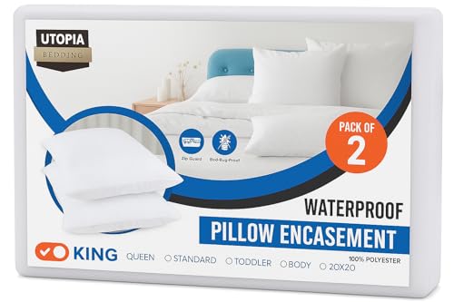 Set of 2 Pillow Protectors with Zipper King Size, Bed Bug and Dust Mite Proof Pillow Covers, Ultra Soft Pillow Encasements, Moisture Wicking and Waterproof Pillow Cases by Utopia Bedding (White) - size: King (Pack of 2)