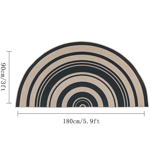 Easy Jute Rug 3x6Ft Half Circle Rainbow Carpet for Farmhouse Bedroom Carpet, Non-Slip Half Round Thin Neutral Floor Mat for Living Room Patio Kids Room Kitchen, Indoor Outdoor, Black 1 - color: Black 1, size: 3'x6'