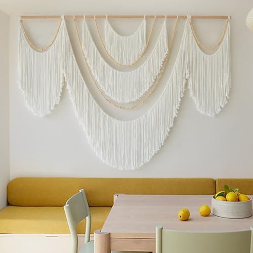 Flber Large Macrame Wall Hanging – Boho Yarn Art Garland with Tassels and Beads, Handmade Rope Decor for Nursery, Party, Wedding, Bedroom, Fireplace Mantel, or Photo Backdrop 57" W x 41" L - color: White