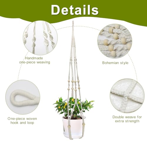 Plant Hangers, 35’ Plant Hangers Indoor, Handmade Woven No Tassels Style Hanging Plant Holder with Wood Beads Decorative Flower Pot Holder for Indoor Outdoor and Home Decor Hanging Planter - size: 35inch
