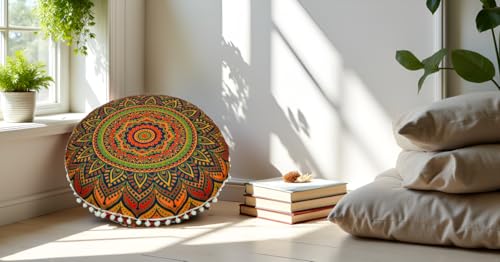 Round Mandala Floor Pillow Cover Seating Cushion Throw Cover Ottoman Pouf Cover Pom Pom Pillow Cases Hippie Decorative Bohemian Boho Indian 22 Inches (New Blue) - color: New Blue