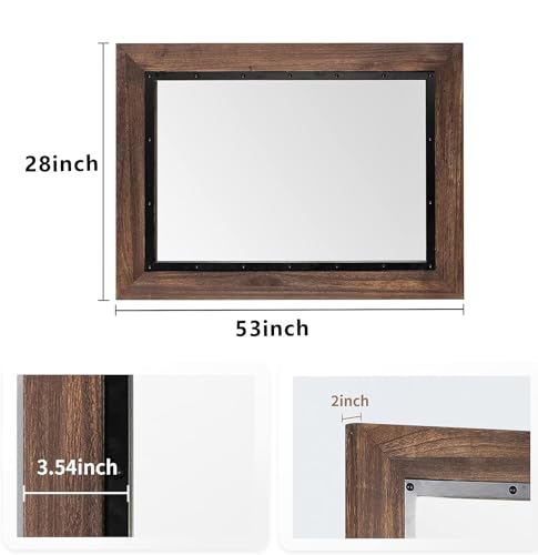 YOSHOOT Rustic Wooden Framed Wall Mirror, Natural Wood and Iron Bathroom Vanity Mirror for Farmhouse Decor, Vertical or Horizontal Hanging, 53" x 28", Brown - color: Brown, size: 53"L x 28"W