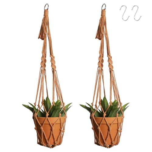 Artilady Macrame Hanging Planter for Indoor Plants, Boho Woven Plant Hanger Large Hanging Flower Pot Holders Outdoor Baskets Storage No Tassels Brown Wall Decor (Latte Brown-2pcs) - color: Latte Brown-2pcs