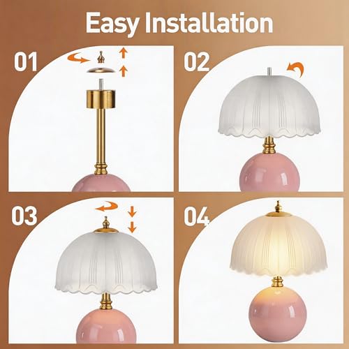 PARTPHONER Mushroom Table Lamp, Ceramic Bedside Lamp with Glass Shade, 3-Way Lighting (2700K-5000K) Rocker Switch, Small Nightstand Lamp for Bedroom, Living Room, Office, Pink - color: Pink