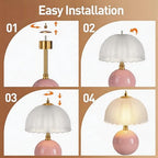 PARTPHONER Mushroom Table Lamp, Ceramic Bedside Lamp with Glass Shade, 3-Way Lighting (2700K-5000K) Rocker Switch, Small Nightstand Lamp for Bedroom, Living Room, Office, Pink - color: Pink