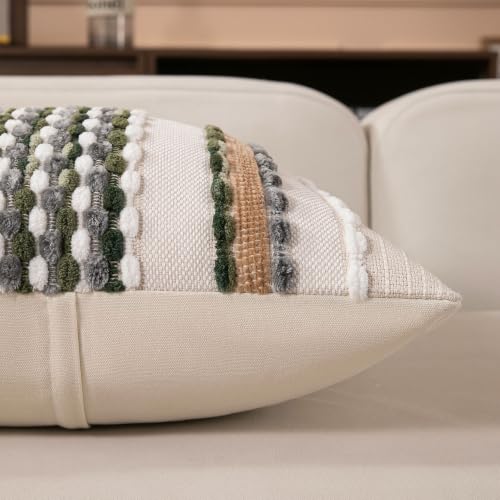 Boho Striped Throw Pillow Covers 18x18 Inch Set of 2 Farmhouse Square Decorative Pillow Covers Chenille Tufted Accent Neutral Pillowcase Grey Green Cushion Cover for Couch Sofa Bed - color: Grey Green