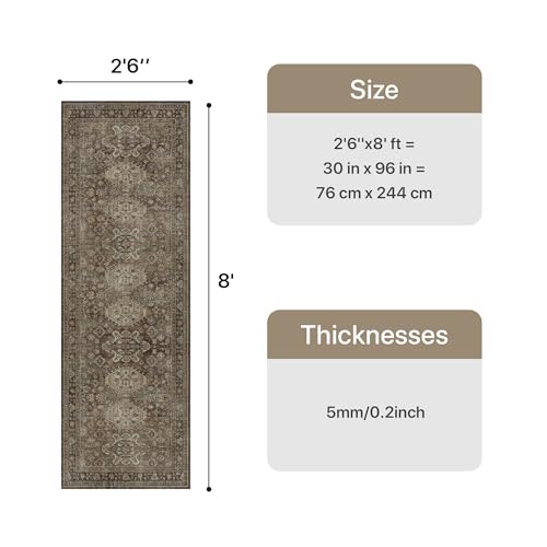Bavni Washable Runner Rug 2’6”x8’, Non Slip Vintage Hallway Runner, Ultra Thin Low Pile Washable Carpet for Kitchen Entryway Bedroom, Brown - color: Brown, size: 2'6" x 8' (Rectangular)