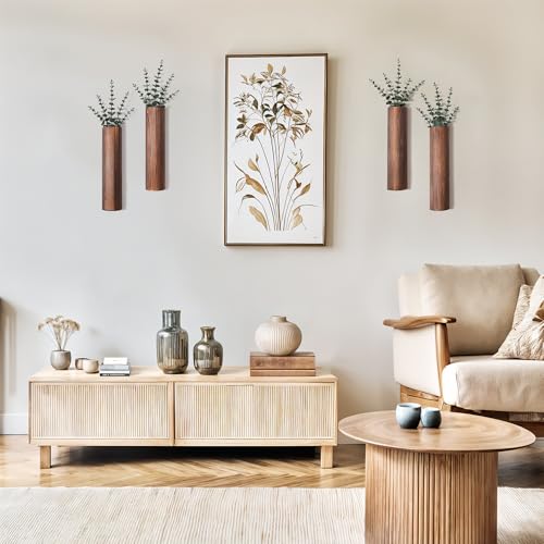 Wood Wall Planter with 20 pcs Artificial Eucalyptus, Modern Decor for Living Room Bedroom Bathroom Entryway, Farmhouse Boho Wall Vases for Dried Flowers and Faux Plants - 4 Pack
