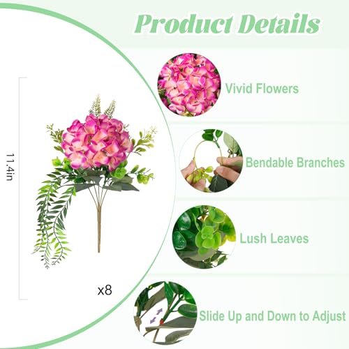 Ammyoo Artificial Hydrangea Flowers Silk Rose Red Fake Flower with Eucalyptus for Outdoor Decorations UV Resistant Realistic Faux Plants for Garden Porch Window Box Indoor Bathroom Dining Table Decor - color: Rose Red