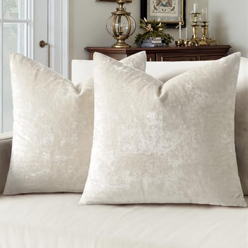 MIULEE Velvet Throw Pillow Covers Set of 2, Soft Neutral Decorative Pillow Cases with Luxurious Textured Vintage Cushion Covers for Home Decor Couch Sofa Bed,Cream White 18x18 inch - color: Cream White, size: 18" x 18" (Pack of 2)