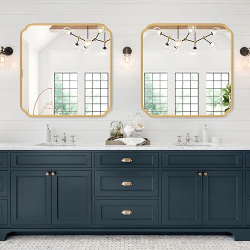 Ferytange Gold Bathroom Mirror for Wall 36" x 36" Square Bathroom Vanity Mirror Farmhouse, Large Rounded Rectangle Mirror, Anti-Rust, Tempered Glass, Hangs Horizontally or Vertically - color: Gold, size: 36"L x 36"W