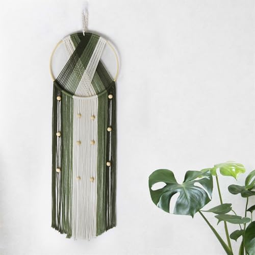 LB Green Macrame Wall Hanging, Handmade Woven Tapestry Wall Hanging Decor Boho Dream Catchers Bohemian Macrame Wall Art for Living Room Apartment Office Backdrop,9.84" W x 31.5" L - color: Green Beige
