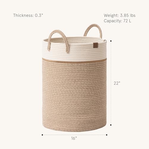 LA JOLIE MUSE Woven Rope Storage Baskets - Tall Cotton Laundry Basket, Kids Toy & Nursery Clothes Hamper - XL - color: White & Desert, size: XL