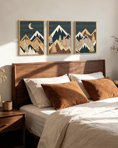 KUVIOKE Morden Mountains Framed Wall Art Boho Pine Tree Forest Nature Landscape Artwork Bohemain Farmhouse Rustic Home Decor 12x16in (Natural Framed) - color: Wooden Mountain, size: 12 x 16in x 3 Panels Natural